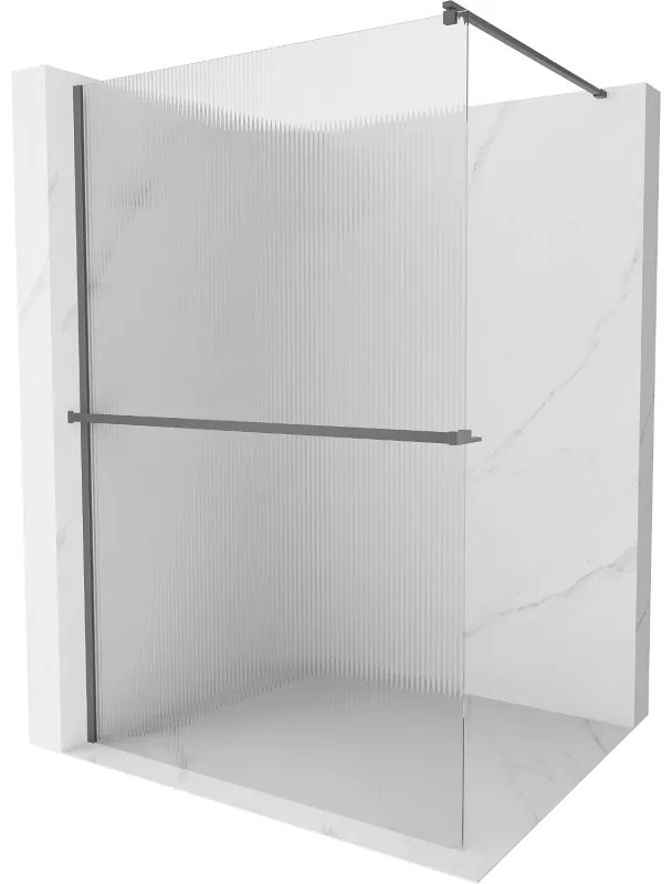 Mexen Kioto+, sprchová zástena Walk-In s poličkou a vešiakom 80 x 200 cm, 8mm sklo s rebrovým vzorom, grafitový profil, 800-080-121-95-09