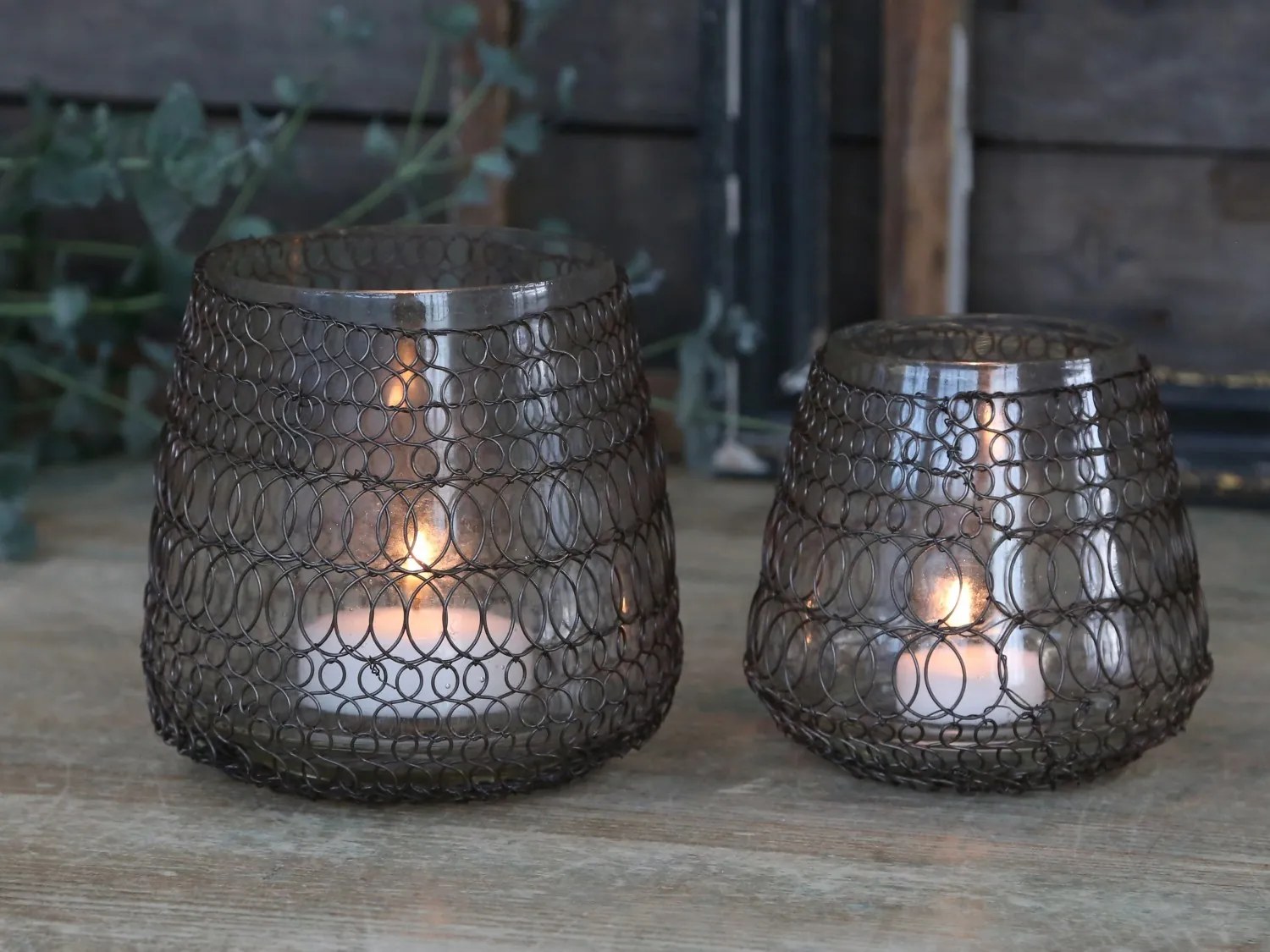 Drôtkovaný antik sklenený svietnik na čajovú sviečku Fil de fer net - Ø 11*11 cm