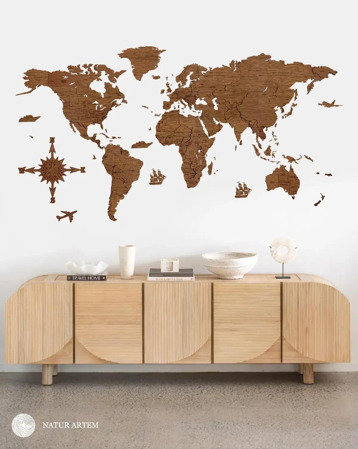 Nástenná drevená mapa sveta 3D, ručne vyrábaná, 150x75cm orech