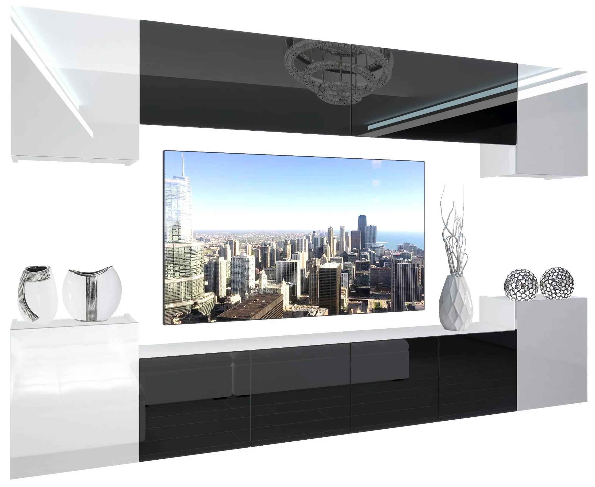 Obývacia stena Belini Premium Full Version biely lesk / čierny lesk + LED osvetlenie Nexum 56