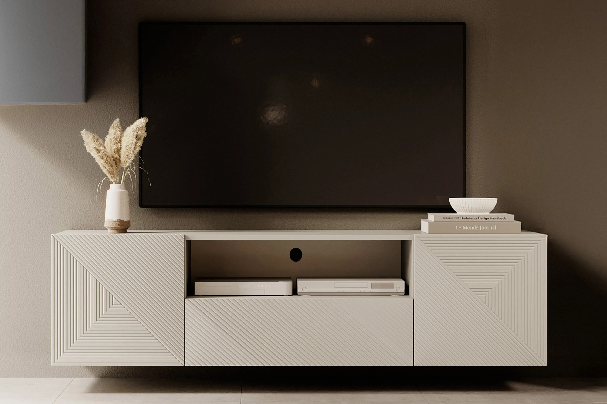 Závesný TV stolík Asha 167 cm s otvorenou policou - kašmírová