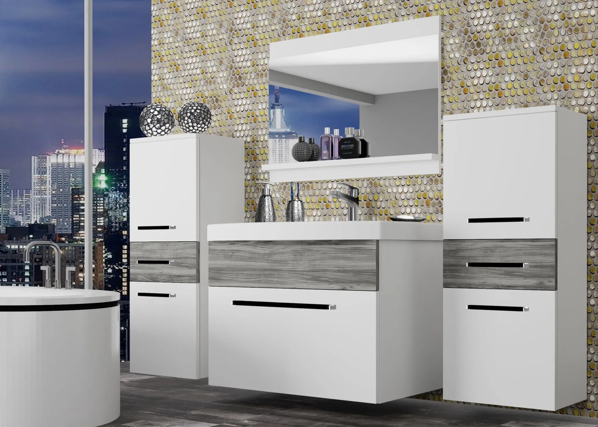 Kúpeľňový nábytok Belini biely mat / šedý antracit Glamour Wood + umývadlo + zrkadlo ROD M 4/0/W/WGW/0/ZW