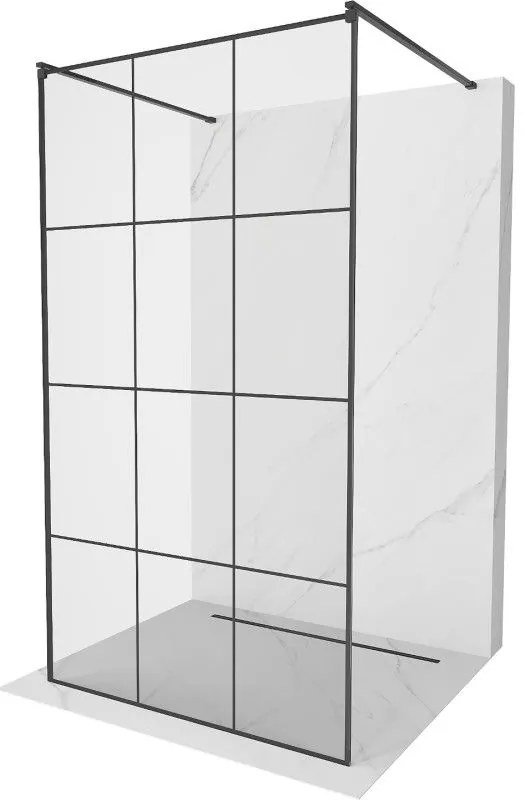Mexen Kioto, priechodná sprchová zástena 100 x 200 cm, 8mm sklo číre/čierny vzor, 2x čierna stabilizačná rozpera, 800-100-002-70-77